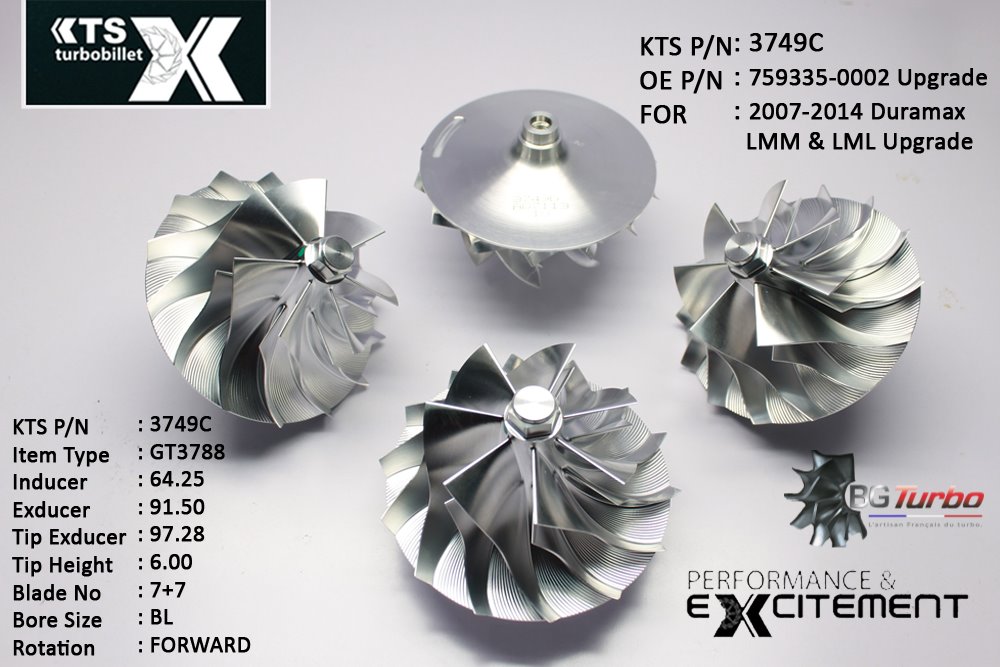 Turbo ROUE FORGÉE MFS PERFORMANCE - 7+7 PALES - INDUCER : 64,25 - EXDUCER : 91,5 - TYPE : GT3788ANGLE : 50° - ROTATION : Forward - SUPER BACK : 20 - BORE SIZE : 8,27
